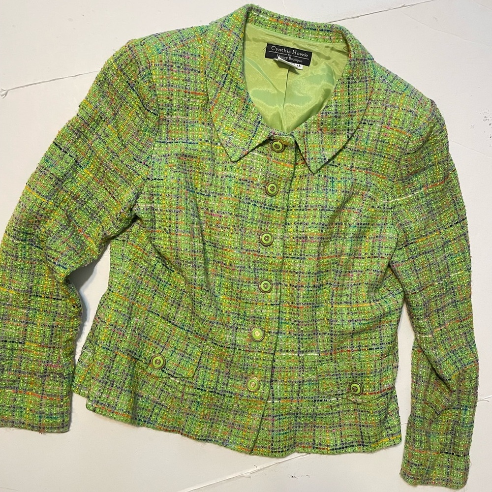 Cynthia Howie Women 14 tweed blazer jacket round collar button front closure